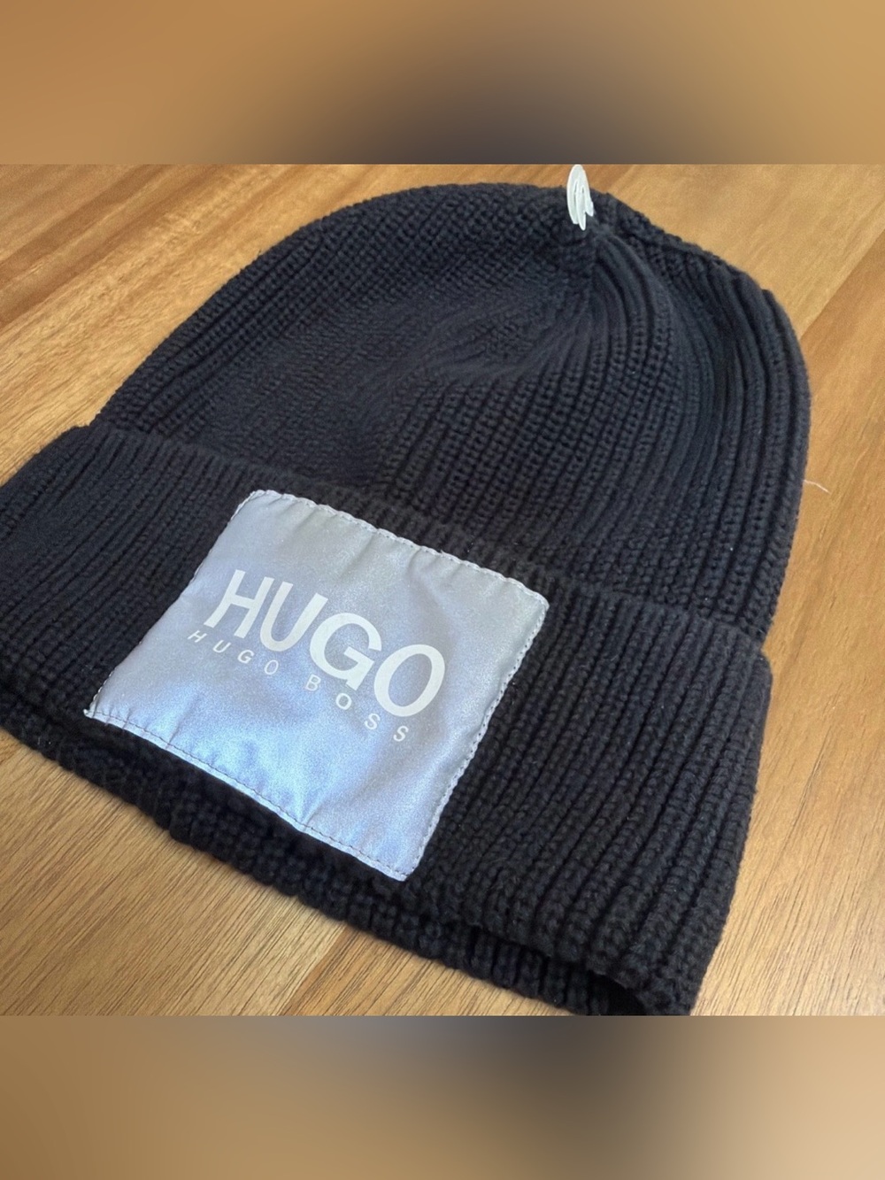HUGO Hugo Boss Black Ribbed Cuffed Beanie Silver Patch Label
